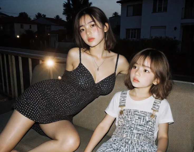 2 cute sisters with large perky breasts , adorably cute and sweet, score_9 up, Cutest and prettiest goth girl , lovely ethereal scene (suburban setting background seeing houses and shops from the veranda)Beautiful amber skies (Large and prominent perky br...