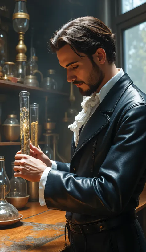 **Prompt:** Wider long zoom out scenery. Create a hyperrealistic digital artwork depicting a 19th-century Danish male chemist in a stunning steampunk panoramic laboratory. The scene should highlight a full-body portrait of a handsome young male character, ...