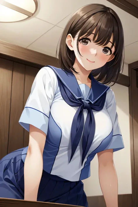 from below, close up face:1.2,  dynamic range:1.2, 1girl, Light brown hair,  short hair, brown eyes, short sleeve white sailor suit,  Large Breasts, sweat, Gentle sunlight pours down on her face.  her hair sways softly in the breeze, Her eyes gaze down war...