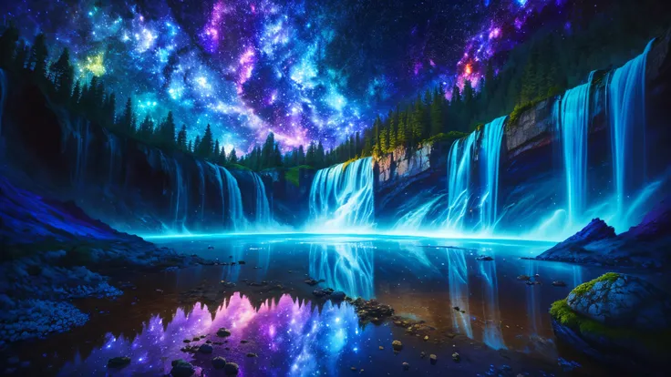 Majestic Atmosphere,Vast Sky,( very beautiful artistic watercolor painting ), beautiful nature ,A very large and beautiful sky,\(( very elaborate and beautiful galaxy reflection:1.4)\),(Many waterfalls are lined up),Lots of Flow,Glowing Moss,Shining Roc...