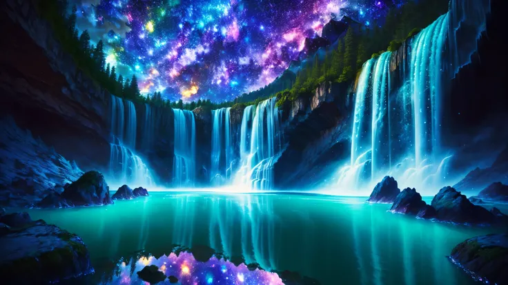 Majestic Atmosphere,Vast Sky,( very beautiful artistic watercolor painting ), beautiful nature ,A very large and beautiful sky,\(( very elaborate and beautiful galaxy reflection:1.4)\),(Many waterfalls are lined up),Lots of Flow,Glowing Moss,Shining Roc...