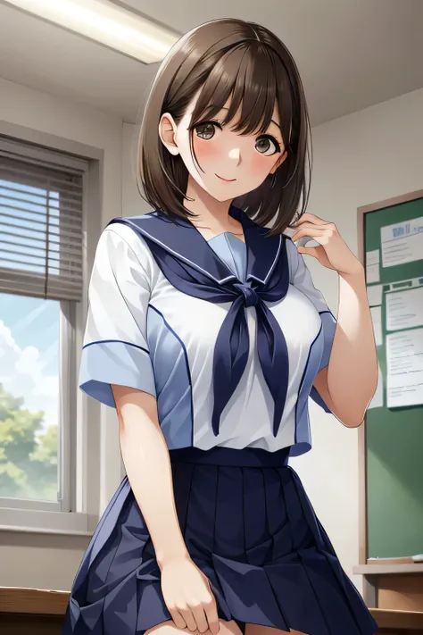 from below, close up face:1.2,  dynamic range:1.2, 1girl, Light brown hair,  short hair, brown eyes, short sleeve white sailor suit,  navy blue pleated skirt, Large Breasts, Gentle sunlight pours down on her face, classroom, Peering into viewer's face affe...