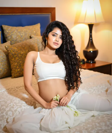 there is a woman in a white top and a white skirt on a bed, very seductive pose, sexy girl, sultry body with sexy belly, sexy girl with dark complexion, indian goddess, indian, provocative indian, seductive lady, gorgeous woman, posing in a bedroom, sexy p...