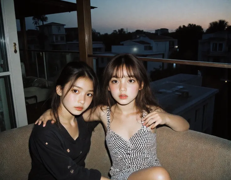 2 sisters cute and adorable pose, score_9 up, Cutest and prettiest goth girl , lovely ethereal scene (suburban setting background seeing houses and shops from the veranda)Beautiful amber skies (Large and prominent perky breasts showing décolletage and cle...