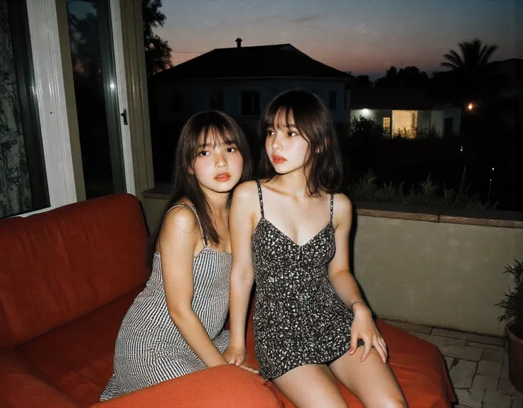 2 sisters cute and adorable pose, score_9 up, Cutest and prettiest goth girl , lovely ethereal scene (suburban setting background seeing houses and shops from the veranda)Beautiful amber skies (Large and prominent perky breasts showing décolletage and cle...
