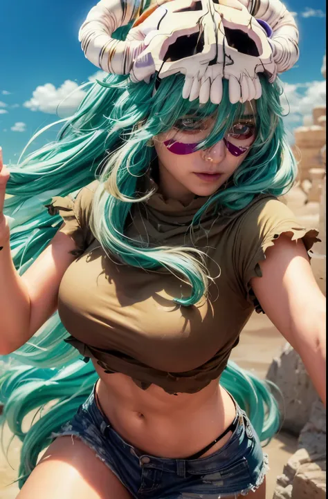detailed emerald green hair，detailed brown eye，detailed face，skull on the head，highres，32K，fighting expression