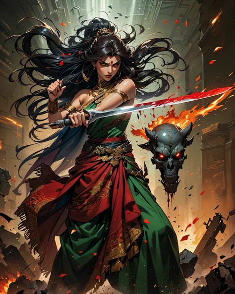 (An extraordinarily detailed full body line drawing of the mesmerizing Kriti Shannon, who has transformed into an alluring Indian warrior princess. Her flowing, dark hair cascades down her back as it's caught in the winds of battle, emphasizing the intensi...