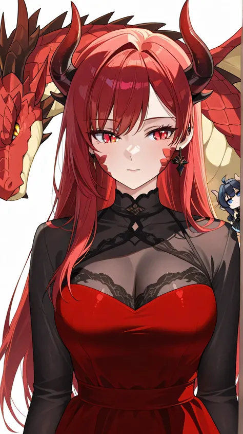 4k, highquality, vtuber, white background, upper body, beautiful eyes, high detail, look straight middle, straight standing,  red hair, on dragon mini character, black dress, look at straight, wear earing, no pose, straight standing, fit everything within ...