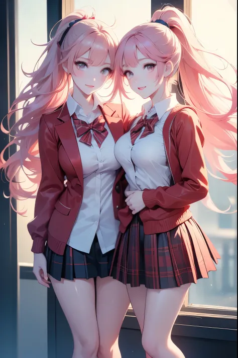 (masterpiece), (best quality), (High contrast), (realistic), 2 twin girls, pink hair, ponytail hairstyle, blows, (beautiful detailed face: 1.0), brown eyes, feminine focus, red fitted school jacket, (tight clothing), nothing good, big breasts, (Perfect bod...