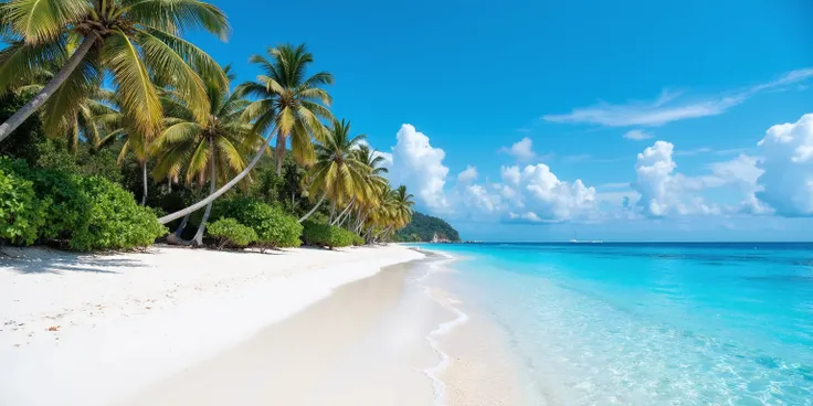 The long, fine white sand beach curves gently against the waves. The clear blue water gradually changes from bright blue near the shore to dark blue at the horizon. The water reflects the sunlight and sparkles. The tall, green coconut trees sway in the gen...