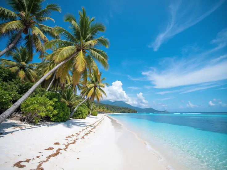 The clean white sand beach stretches parallel to the clear blue sea water reflecting the sun, the bright blue sky Sam with light white clouds, tall coconut trees leaning against the wind, spreading in groups to shade along the coast. The atmosphere is sere...