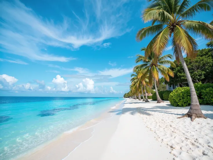 The clean white sand beach stretches parallel to the clear blue sea water reflecting the sun, the bright blue sky Sam with light white clouds, tall coconut trees leaning against the wind, spreading in groups to shade along the coast. The atmosphere is sere...