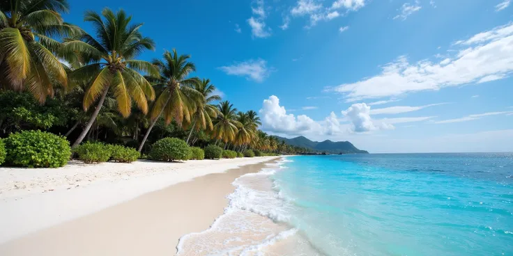 The long, fine white sand beach curves gently against the waves. The clear blue water gradually changes from bright blue near the shore to dark blue at the horizon. The water reflects the sunlight and sparkles. The tall, green coconut trees sway in the gen...