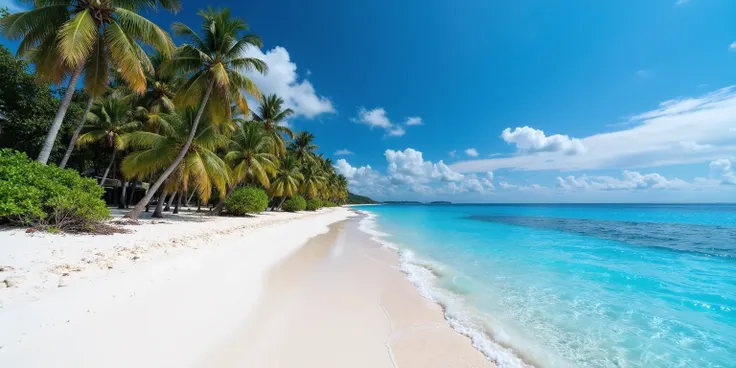 The long, fine white sand beach curves gently against the waves. The clear blue water gradually changes from bright blue near the shore to dark blue at the horizon. The water reflects the sunlight and sparkles. The tall, green coconut trees sway in the gen...