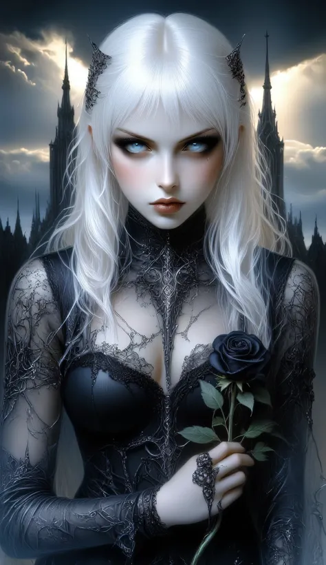Create a hyper realistic gothic-themed digital artwork of a young female with long, straight white hair holding a black rose. The female's face should be beautiful. The background should feature a dramatic sky with rays of light and two gothic-style church...