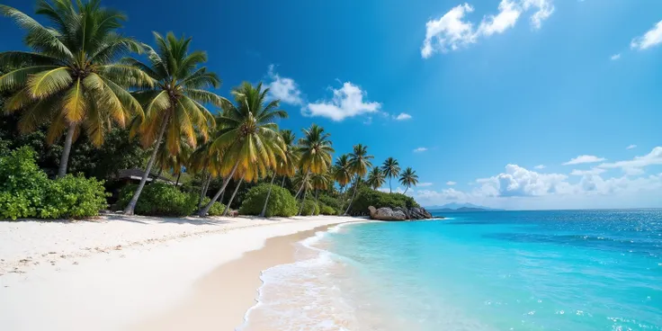 The long, fine white sand beach curves gently against the waves. The clear blue water gradually changes from bright blue near the shore to dark blue at the horizon. The water reflects the sunlight and sparkles. The tall, green coconut trees sway in the gen...