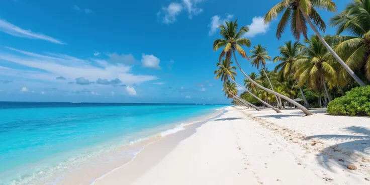 The long, fine white sand beach curves gently against the waves. The clear blue water gradually changes from bright blue near the shore to dark blue at the horizon. The water reflects the sunlight and sparkles. The tall, green coconut trees sway in the gen...