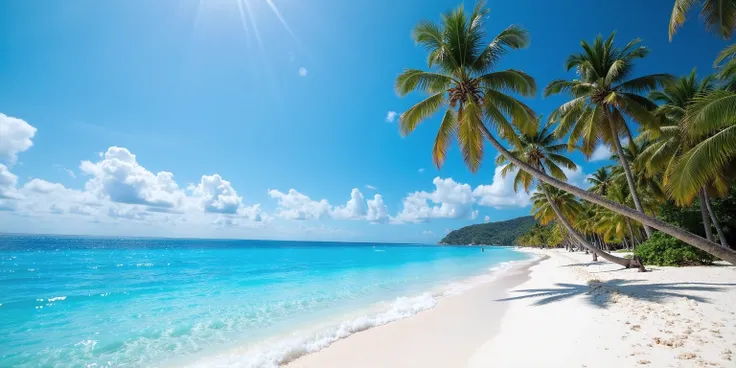 The long, fine white sand beach curves gently against the waves. The clear blue water gradually changes from bright blue near the shore to dark blue at the horizon. The water reflects the sunlight and sparkles. The tall, green coconut trees sway in the gen...