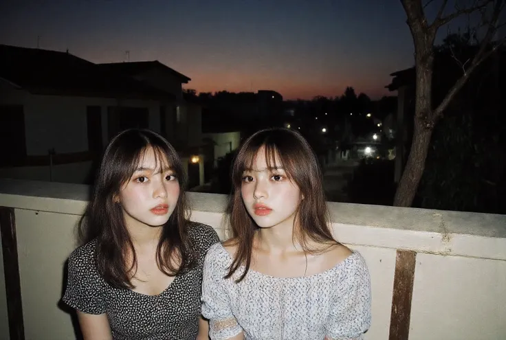 (2 sisters in dresses cute naughty funny and adorable poses) , score_9 up, Cutest and prettiest goth girl , lovely ethereal scene (suburban setting background seeing houses and shops from the veranda)Beautiful amber skies (Large and prominent perky breast...