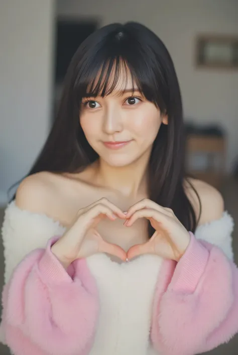 a woman with a cute smile is cute, fluffy off-shoulder pajamas, make a big heart with both hands, posing with arms in front of chest, View above the collarbone、  has a monotone background  

