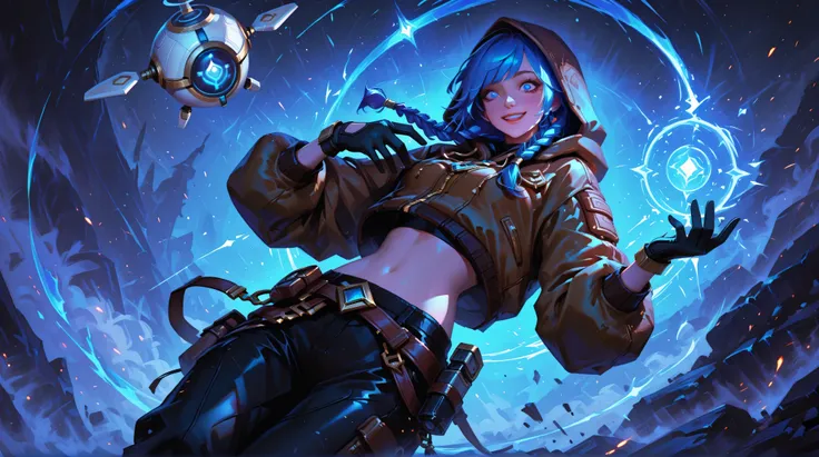 end \( League of Legends \), 1girl , Smiling ,alone, Weaving, Double braid, ( long blue hair), Surprised eyes,tattoos are, ( open your eyes :0.9), Arm tattoos, Gloves, Navel, blue eyes, eternal, Full_ body, arm, Shoes, , black_Gloves, Hooded, with ban...