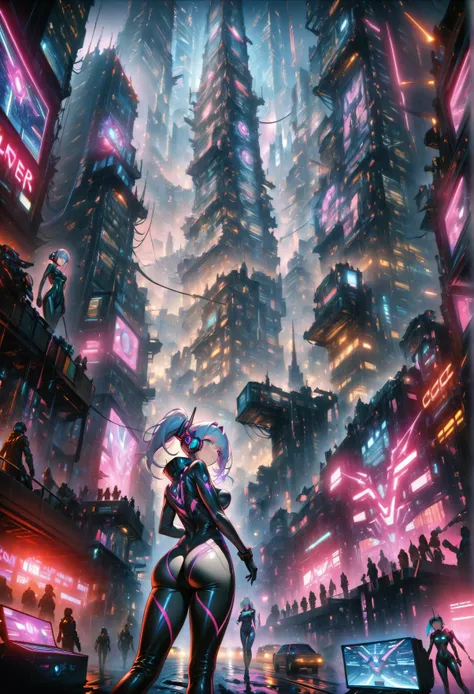 masterpiece , high resolution , sf , Macross F , monitor , Tower , City , future , congestion , Dazzling , look up , cyber punk , street vision, android women, skin tight, bodysuit,