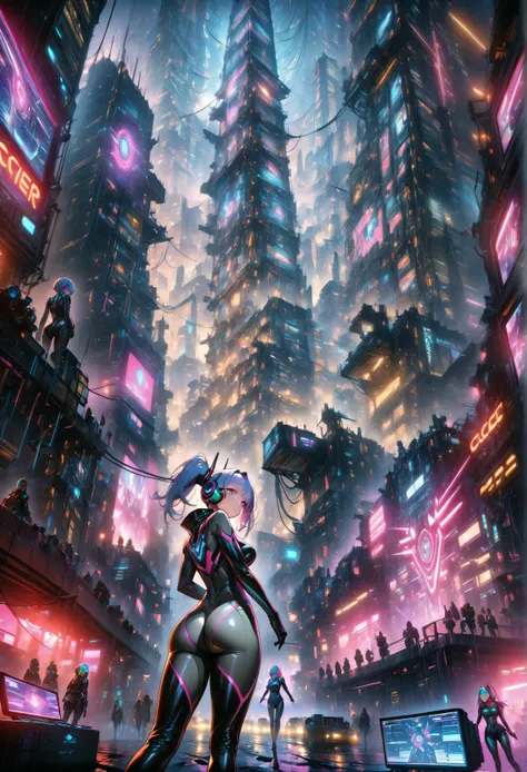 masterpiece , high resolution , sf , Macross F , monitor , Tower , City , future , congestion , Dazzling , look up , cyber punk , street vision, android women, skin tight, bodysuit,