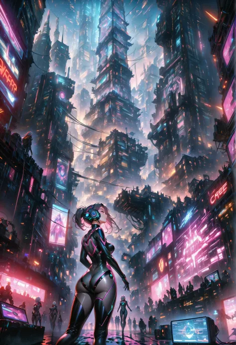masterpiece , high resolution , sf , Macross F , monitor , Tower , City , future , congestion , Dazzling , look up , cyber punk , street vision, android women, skin tight, bodysuit,