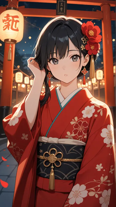 Masterpiece, Best Quality, Top Quality, Very Detailed, Beautiful anime girl with long, flowing black hair, adorned with red flower hair accessories and gold tassel earrings. She wears an intricate red floral kimono, illuminated softly by traditional Japane...