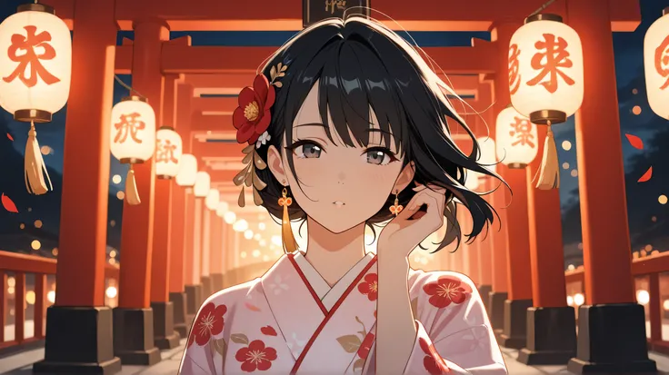 Masterpiece, Best Quality, Top Quality, Very Detailed, Beautiful anime girl with long, flowing black hair, adorned with red flower hair accessories and gold tassel earrings. She wears an intricate red floral kimono, illuminated softly by traditional Japane...