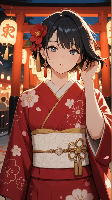 Masterpiece, Best Quality, Top Quality, Very Detailed, Beautiful anime girl with long, flowing black hair, adorned with red flower hair accessories and gold tassel earrings. She wears an intricate red floral kimono, illuminated softly by traditional Japane...