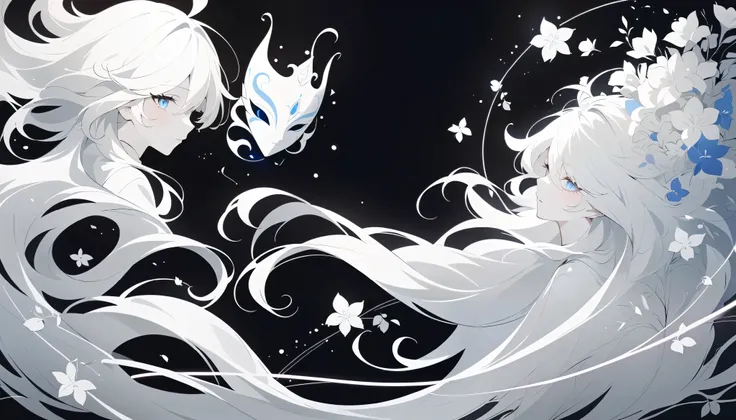 (Anime line drawing:1.5), (inverted colors:1.4), (negative space:1.6), (minimalist design), dark background, bright white lines, (glowing line art:1.5), sketch, charcoal drawing, monochrome, simple composition. Furina from Genshin Impact, graceful mask, su...