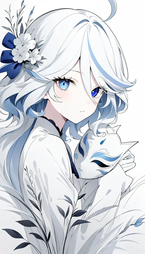 (Anime line drawing:1.5), (black and white painting:1.45), Minimalism, (line art:1.6), sketch, charcoal drawing, simple composition, clean lines, elegant design. Furina from Genshin Impact, wearing a graceful mask, holding or surrounded by delicate flowers...