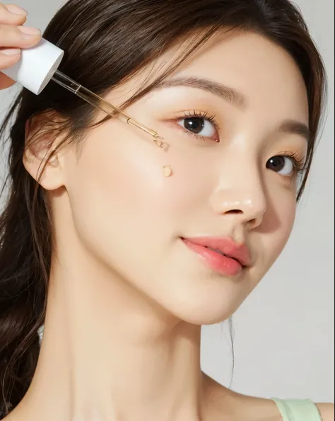 (((masterpiece))), (((best quality: 1.4))), ((super detailed: 1.4)),  

A woman is applying her eye with a liquid, popular korean makeup, popular south korean makeup, photoshoot for skincare brand, dewy skin, face cluse - up, skincare, korean face features...