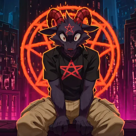 (by skweekers), solo, thin male, GrimV1, anthro, dark furs, red curved horn, red pentagram on forehead, long_snout, large pupil, detail eyes, glow-pentagram, sitting in top-building, (wearing tan cargo pants), (wearing a black t-shirt), wearing an open bla...