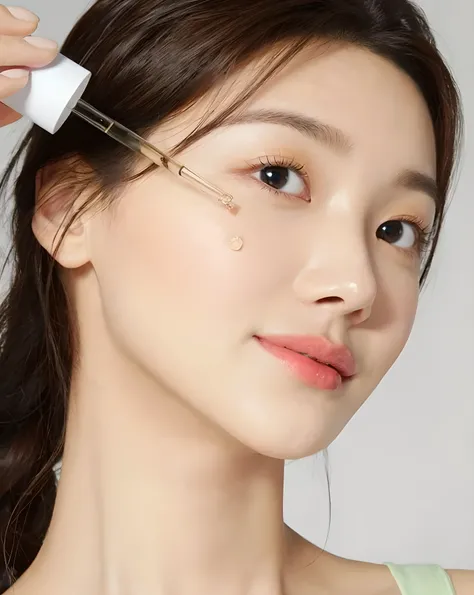 (((masterpiece))), (((best quality: 1.4))), ((super detailed: 1.4)),  

A woman is applying her eye with a liquid, popular korean makeup, popular south korean makeup, photoshoot for skincare brand, dewy skin, face cluse - up, skincare, korean face features...
