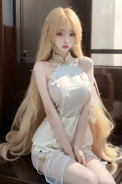 Beautiful Women with Perfect Body,Layered Hairstyle,Skin Whitening, long blond hair,cheongsam
