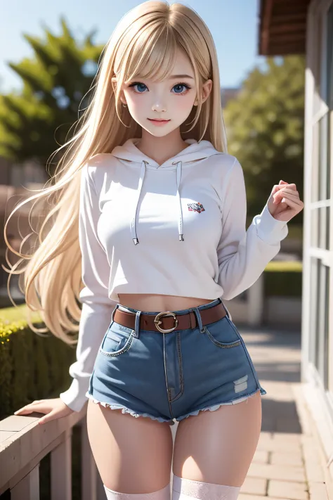 masterpiece,Highest quality,very detailed,photorealistic,realistic, Ultra High Resolution, masterpiece that fits your butt,pretty girl,elegant,Age 15,very long blonde,skinny,Completely,slender,(smaller breasts),so cute,hoodie,hotpants,belt,over knee socks,...