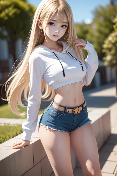 masterpiece,Highest quality,very detailed,photorealistic,realistic, Ultra High Resolution, masterpiece that fits your butt,pretty girl,elegant,Age 15,very long blonde,skinny,Completely,slender,(smaller breasts),so cute,hoodie,hotpants,belt,over knee socks,...