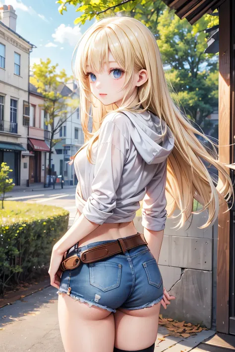 masterpiece,Highest quality,very detailed,photorealistic,realistic, Ultra High Resolution, masterpiece that fits your butt,pretty girl,elegant,Age 15,very long blonde,skinny,Completely,slender,(smaller breasts),so cute,hoodie,hotpants,belt,over knee socks,...