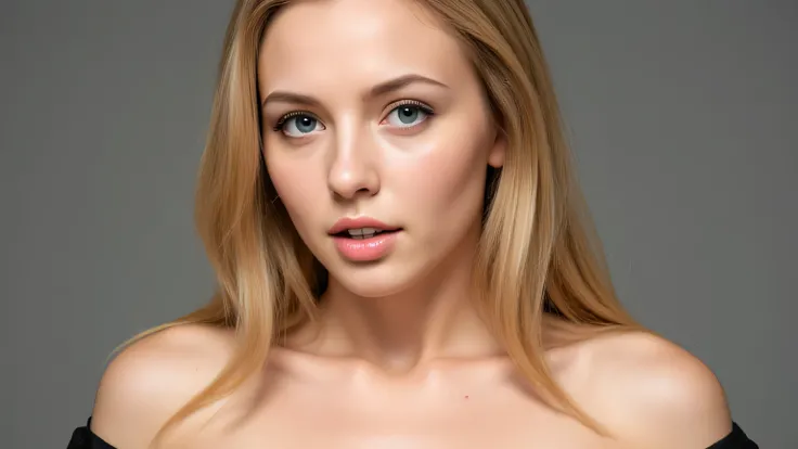 "A stunning young woman with long, silky blonde hair cascading over her shoulders, framing her delicate face. She has striking blue eyes, soft pink lips slightly parted, and fair skin with a natural glow and subtle freckles across her cheeks. Her slender n...
