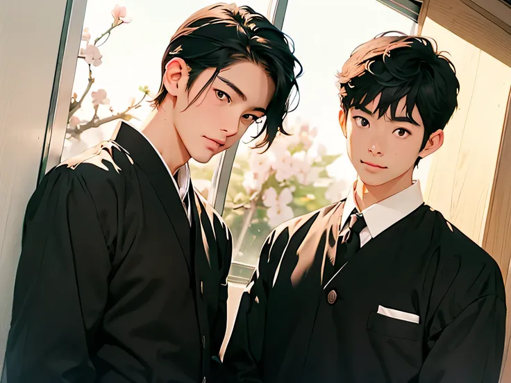 Two Japanese men handsome smile Black school run Cherry blossoms bloom outside the window two stand side by side Black school runを着た二人 The upper body is a black long-sleeved dress lower body nude changing room