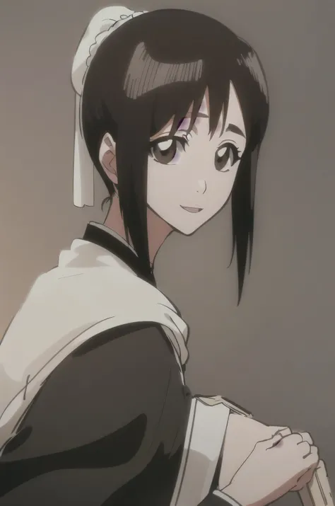 masterpiece,  top quality ,
 1 girl from the side ,   romantic love ,    black hair,long hair、  single , ponytail, Vancouver,  brown eyes,
 Hair bangs,
   kimono, white sleeveless coat ,Captain's coat without white sleeves,  黒の kimono ,
smile, alone,   I'm...