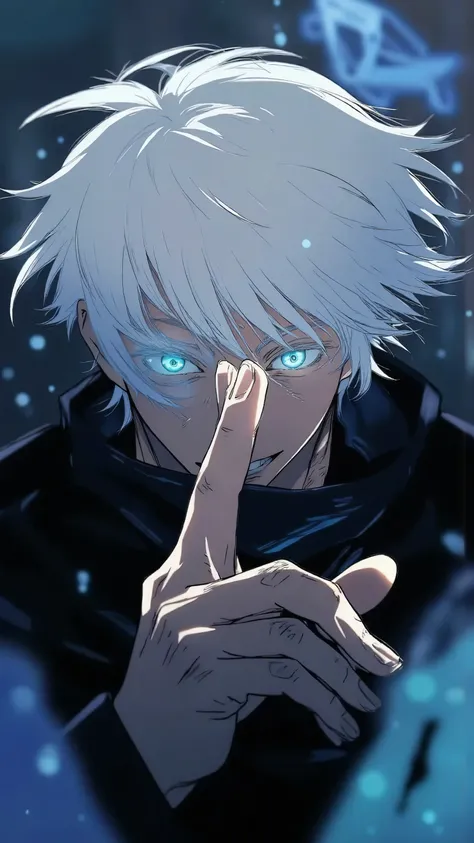 (Ultra-detailed, 8K resolution, cinematic lighting, hyper-realistic, masterpiece, anime-style semi-realism)
A highly detailed, anime-style digital painting of Gojo Satoru, a tall and confident sorcerer with striking white hair that flows wildly and glowing...
