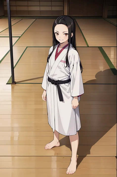 (masterpiece, best quality:1.2), kimetsu no yaiba style, kiyomi, (1girl, solo), (full body, fighting pose, person focus:1.1), (black long hair, straight hair), brown eyes, (evil smile, looking at viewer:1.2), white Judo uniform, bare foot, (standing in the...