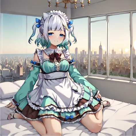 masterpiece, best quality, detailed eyes, detailed face, detailed skin, vivid eyes, score_9, score_8_up, score_7_up, full body shot, 1girl, solo, sitting on bed, 4partment, indoors, window, scenery, cityscape, mint_fantome, white hair, gradient hair, blue ...