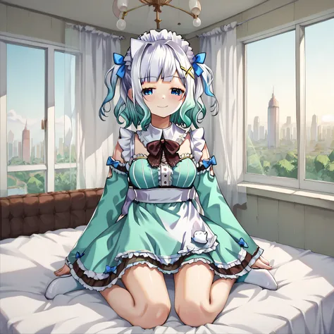 masterpiece, best quality, detailed eyes, detailed face, detailed skin, vivid eyes, score_9, score_8_up, score_7_up, full body shot, 1girl, solo, sitting on bed, 4partment, indoors, window, scenery, cityscape, mint_fantome, white hair, gradient hair, blue ...