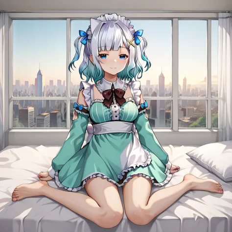 masterpiece, best quality, detailed eyes, detailed face, detailed skin, vivid eyes, score_9, score_8_up, score_7_up, full body shot, 1girl, solo, sitting on bed, 4partment, indoors, window, scenery, cityscape, mint_fantome, white hair, gradient hair, blue ...