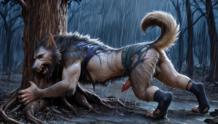 Lean on tree, Backside, shot from back:1.2, human skin:1.4, wet, veins, virus:1.3, human:0.8, Werewolf transformation, mid morfing, [werewolf: human:0.7], [arms: paws:0.6], [grey human skin: fur: 0.4], dark grey skin, detailed fur, gradual fur, spread, sha...
