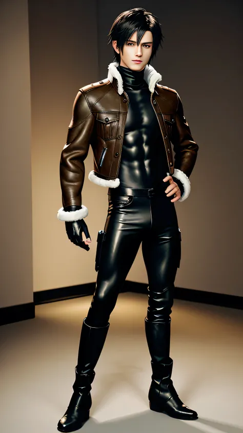  Final Fantasy taste and reality graphics ,  The young, good-looking boy from Japan , his age is early 20s, thin eyebrows and beady eyes,  He's wearing a brown shearling jacket with white fur,  The front of the jacket must be closed,  he also wears a borin...